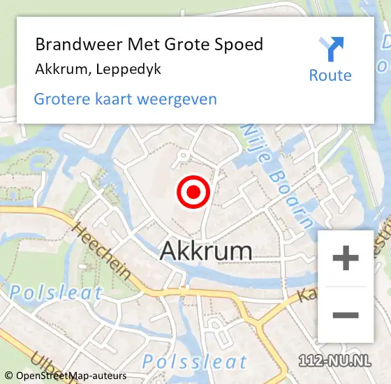 Locatie op kaart van de 112 melding: Brandweer Met Grote Spoed Naar Akkrum, Leppedyk op 6 september 2023 17:33