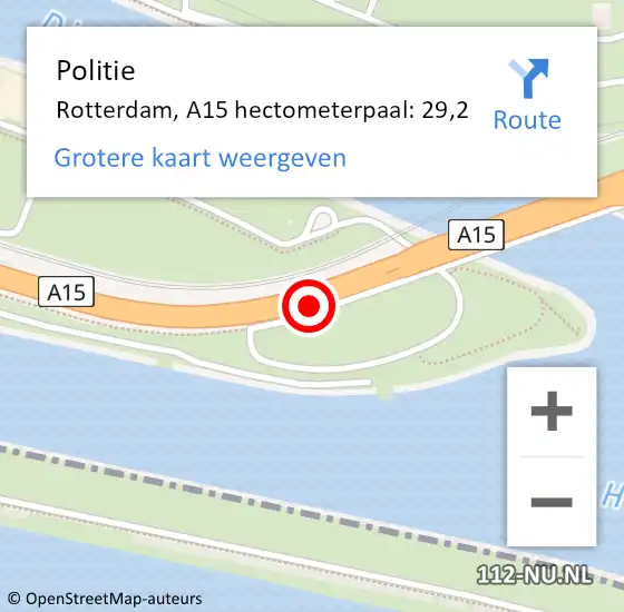 Locatie op kaart van de 112 melding: Politie Rotterdam, A15 hectometerpaal: 29,2 op 6 september 2023 18:11