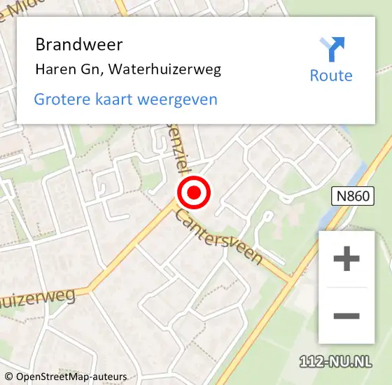 Locatie op kaart van de 112 melding: Brandweer Haren Gn, Waterhuizerweg op 6 september 2023 18:56