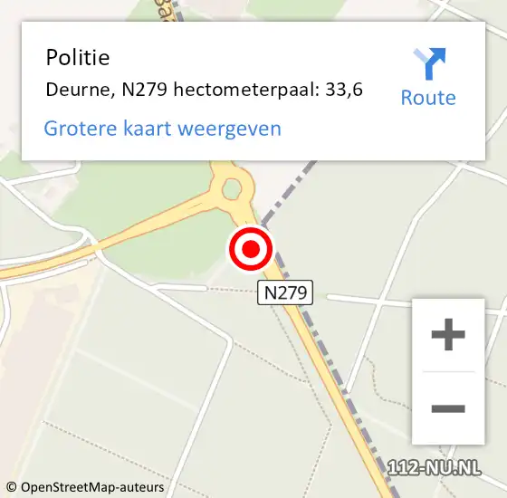Locatie op kaart van de 112 melding: Politie Deurne, N279 hectometerpaal: 33,6 op 6 september 2023 23:54