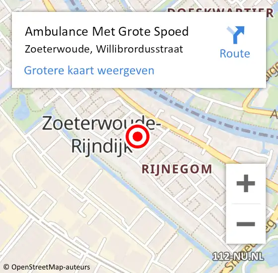 Locatie op kaart van de 112 melding: Ambulance Met Grote Spoed Naar Zoeterwoude, Willibrordusstraat op 7 september 2023 01:37