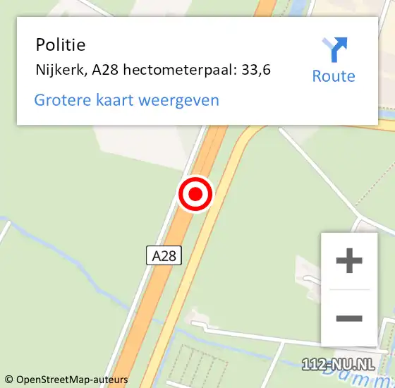 Locatie op kaart van de 112 melding: Politie Nijkerk, A28 hectometerpaal: 33,6 op 7 september 2023 07:31