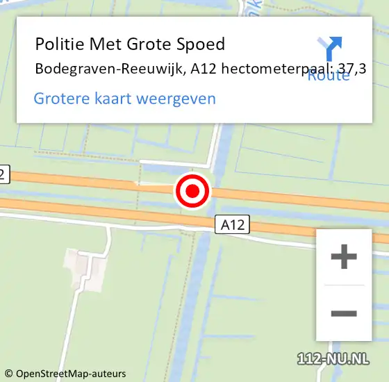 Locatie op kaart van de 112 melding: Politie Met Grote Spoed Naar Bodegraven-Reeuwijk, A12 hectometerpaal: 37,3 op 7 september 2023 07:48