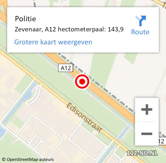 Locatie op kaart van de 112 melding: Politie Zevenaar, A12 hectometerpaal: 143,9 op 7 september 2023 07:57