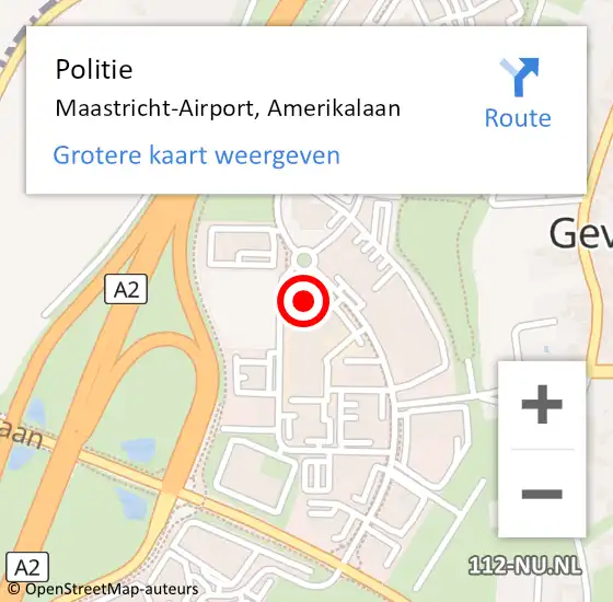 Locatie op kaart van de 112 melding: Politie Maastricht-Airport, Amerikalaan op 7 september 2023 08:08