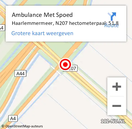 Locatie op kaart van de 112 melding: Ambulance Met Spoed Naar Haarlemmermeer, N207 hectometerpaal: 51,8 op 7 september 2023 08:22