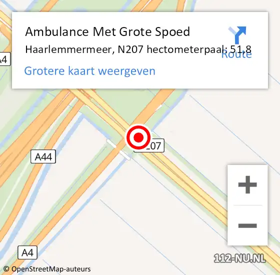 Locatie op kaart van de 112 melding: Ambulance Met Grote Spoed Naar Haarlemmermeer, N207 hectometerpaal: 51,8 op 7 september 2023 08:23