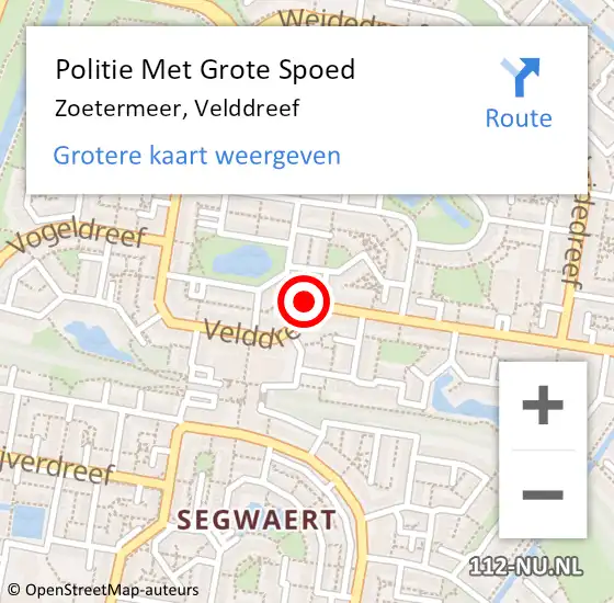 Locatie op kaart van de 112 melding: Politie Met Grote Spoed Naar Zoetermeer, Velddreef op 7 september 2023 08:23