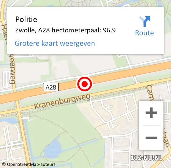 Locatie op kaart van de 112 melding: Politie Zwolle, A28 hectometerpaal: 96,9 op 7 september 2023 08:26