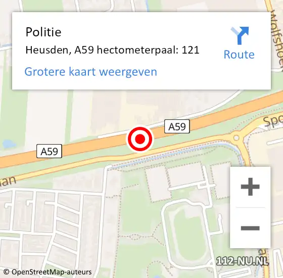 Locatie op kaart van de 112 melding: Politie Heusden, A59 hectometerpaal: 121 op 7 september 2023 08:57