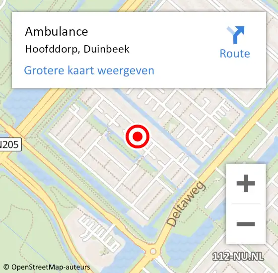 Locatie op kaart van de 112 melding: Ambulance Hoofddorp, Duinbeek op 7 september 2023 09:20