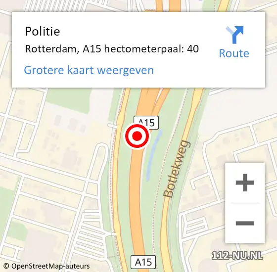 Locatie op kaart van de 112 melding: Politie Rotterdam, A15 hectometerpaal: 40 op 7 september 2023 10:29