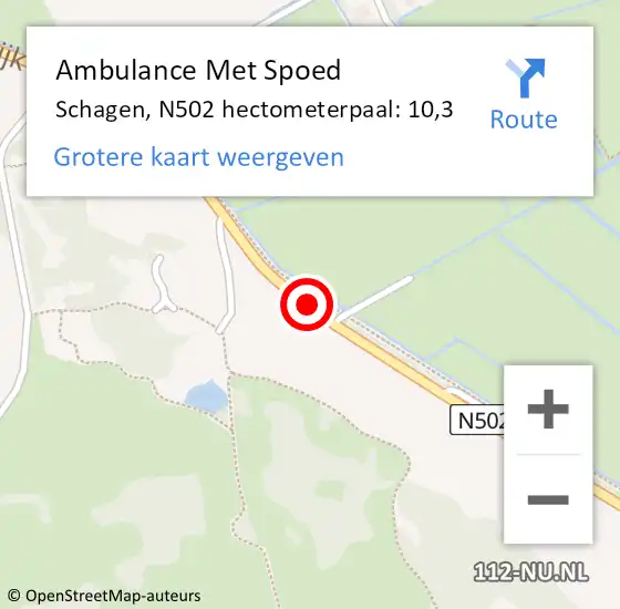 Locatie op kaart van de 112 melding: Ambulance Met Spoed Naar Schagen, N502 hectometerpaal: 10,3 op 7 september 2023 12:03