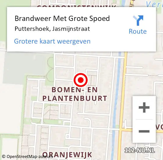 Locatie op kaart van de 112 melding: Brandweer Met Grote Spoed Naar Puttershoek, Jasmijnstraat op 7 september 2023 12:06
