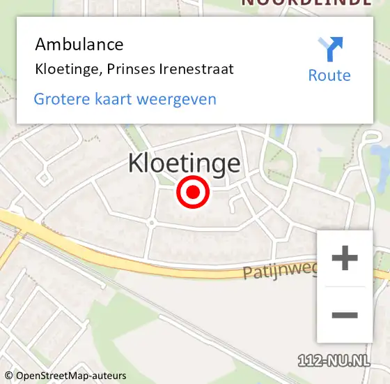 Locatie op kaart van de 112 melding: Ambulance Kloetinge, Prinses Irenestraat op 7 september 2014 10:37