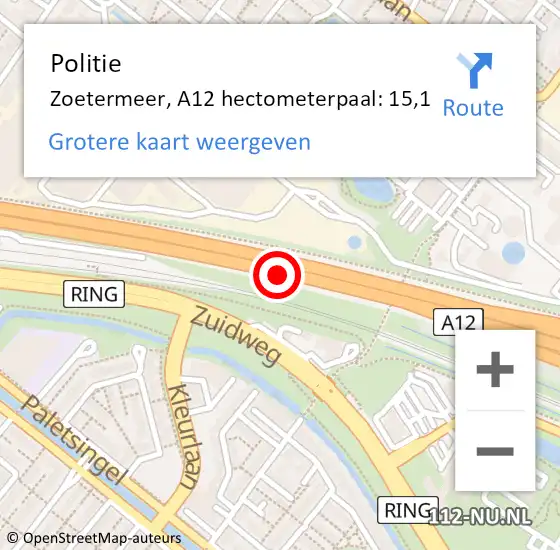 Locatie op kaart van de 112 melding: Politie Zoetermeer, A12 hectometerpaal: 15,1 op 7 september 2023 13:30