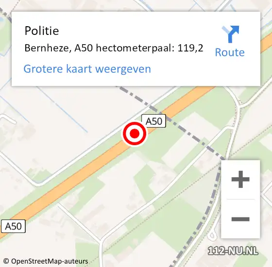 Locatie op kaart van de 112 melding: Politie Bernheze, A50 hectometerpaal: 119,2 op 7 september 2023 15:36