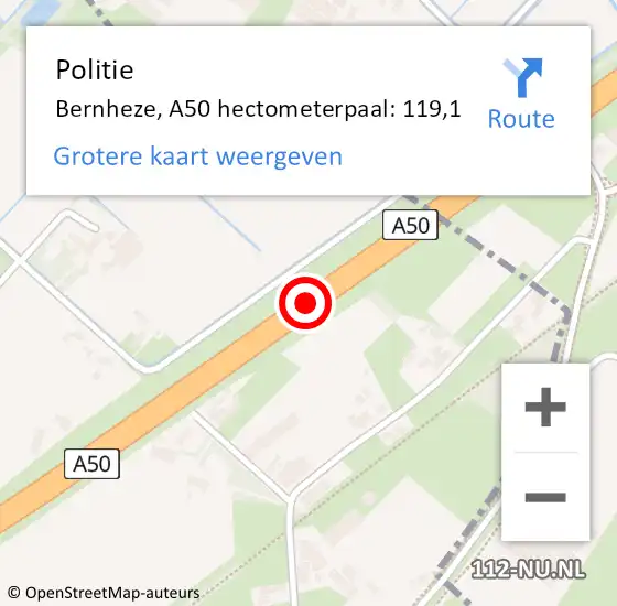 Locatie op kaart van de 112 melding: Politie Bernheze, A50 hectometerpaal: 119,1 op 7 september 2023 15:36