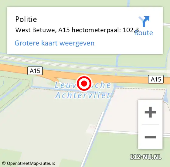Locatie op kaart van de 112 melding: Politie West Betuwe, A15 hectometerpaal: 102,3 op 7 september 2023 15:43