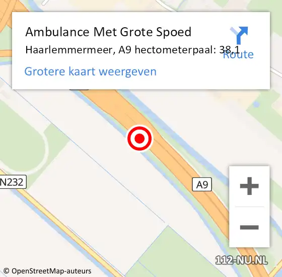Locatie op kaart van de 112 melding: Ambulance Met Grote Spoed Naar Haarlemmermeer, A9 hectometerpaal: 38,1 op 7 september 2023 16:44
