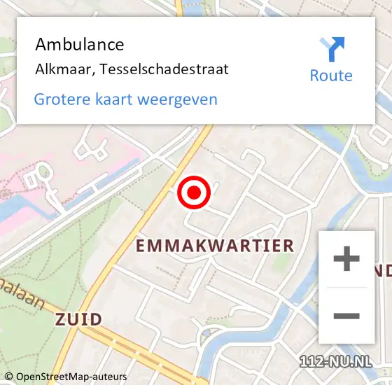 Locatie op kaart van de 112 melding: Ambulance Alkmaar, Tesselschadestraat op 7 september 2023 17:15
