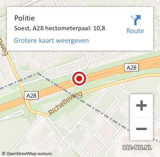 Locatie op kaart van de 112 melding: Politie Soest, A28 hectometerpaal: 10,8 op 7 september 2023 17:31