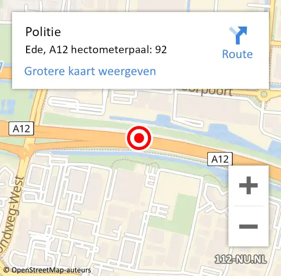 Locatie op kaart van de 112 melding: Politie Ede, A12 hectometerpaal: 92 op 7 september 2023 18:09