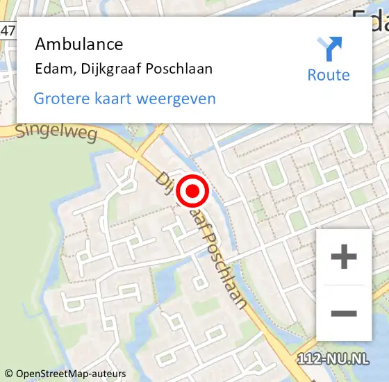 Locatie op kaart van de 112 melding: Ambulance Edam, Dijkgraaf Poschlaan op 7 september 2023 20:02