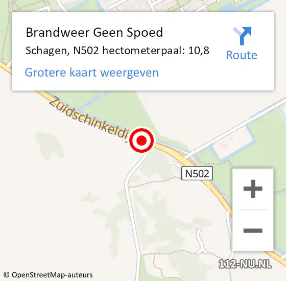 Locatie op kaart van de 112 melding: Brandweer Geen Spoed Naar Schagen, N502 hectometerpaal: 10,8 op 7 september 2023 20:15