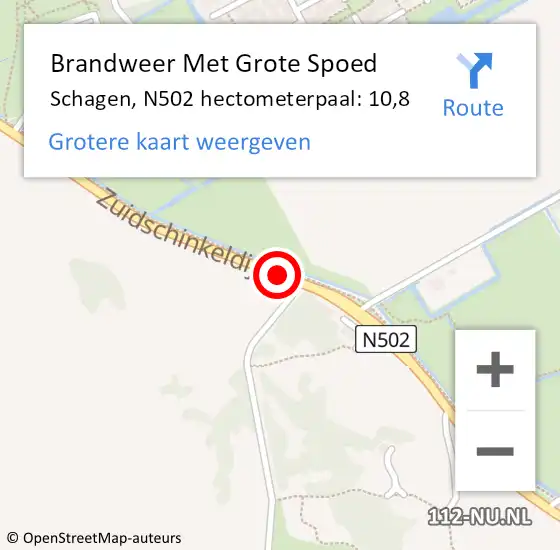 Locatie op kaart van de 112 melding: Brandweer Met Grote Spoed Naar Schagen, N502 hectometerpaal: 10,8 op 7 september 2023 20:16