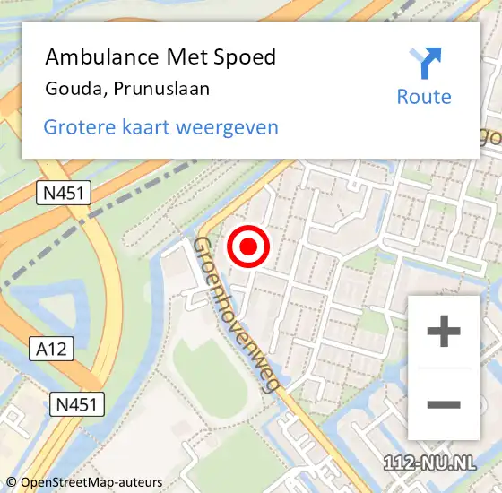 Locatie op kaart van de 112 melding: Ambulance Met Spoed Naar Gouda, Prunuslaan op 7 september 2023 20:18