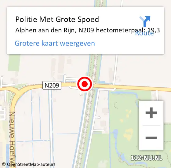 Locatie op kaart van de 112 melding: Politie Met Grote Spoed Naar Alphen aan den Rijn, N209 hectometerpaal: 19,3 op 7 september 2023 21:17