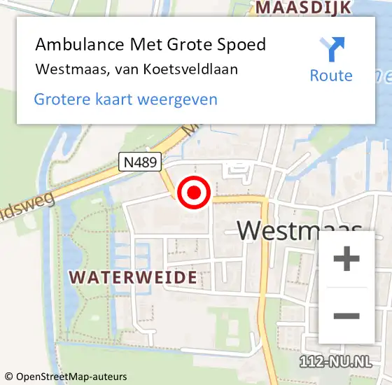 Locatie op kaart van de 112 melding: Ambulance Met Grote Spoed Naar Westmaas, van Koetsveldlaan op 7 september 2023 21:29