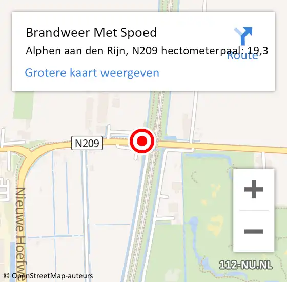 Locatie op kaart van de 112 melding: Brandweer Met Spoed Naar Alphen aan den Rijn, N209 hectometerpaal: 19,3 op 7 september 2023 21:30