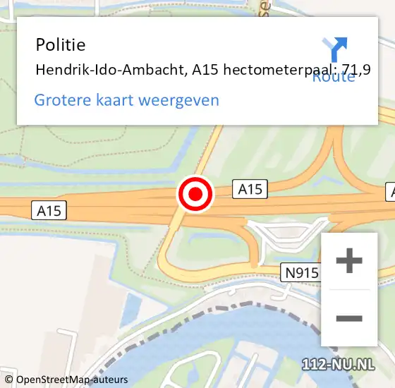 Locatie op kaart van de 112 melding: Politie Hendrik-Ido-Ambacht, A15 hectometerpaal: 71,9 op 7 september 2023 22:39