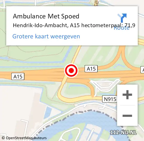 Locatie op kaart van de 112 melding: Ambulance Met Spoed Naar Hendrik-Ido-Ambacht, A15 hectometerpaal: 71,9 op 7 september 2023 22:43