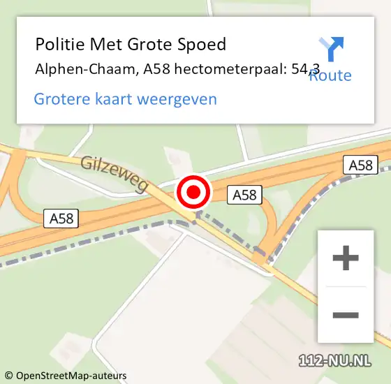 Locatie op kaart van de 112 melding: Politie Met Grote Spoed Naar Alphen-Chaam, A58 hectometerpaal: 54,3 op 8 september 2023 00:58
