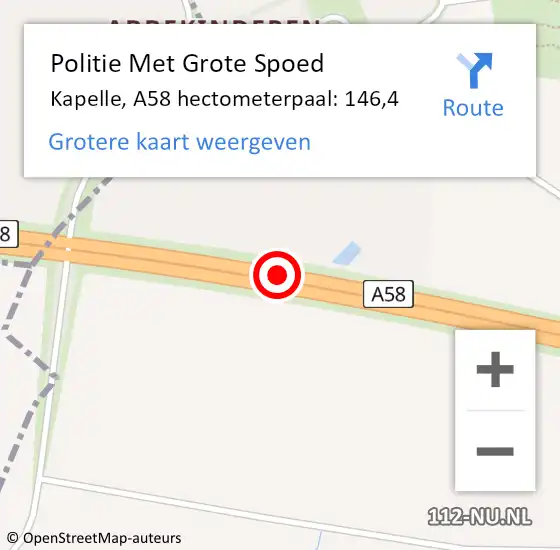 Locatie op kaart van de 112 melding: Politie Met Grote Spoed Naar Kapelle, A58 hectometerpaal: 146,4 op 8 september 2023 01:21