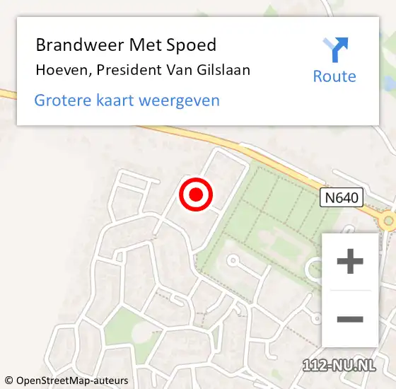 Locatie op kaart van de 112 melding: Brandweer Met Spoed Naar Hoeven, President Van Gilslaan op 8 september 2023 02:26