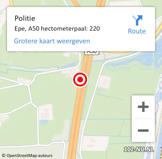 Locatie op kaart van de 112 melding: Politie Epe, A50 hectometerpaal: 220 op 8 september 2023 05:22