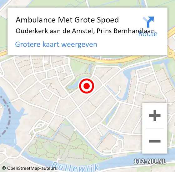 Locatie op kaart van de 112 melding: Ambulance Met Grote Spoed Naar Ouderkerk aan de Amstel, Prins Bernhardlaan op 8 september 2023 08:30