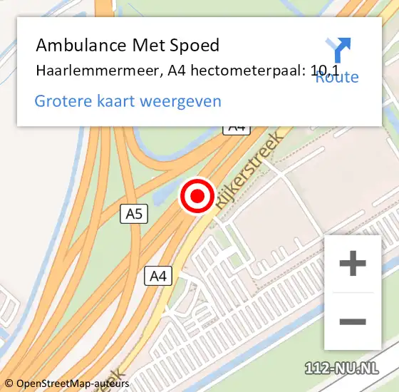 Locatie op kaart van de 112 melding: Ambulance Met Spoed Naar Haarlemmermeer, A4 hectometerpaal: 10,1 op 8 september 2023 09:39