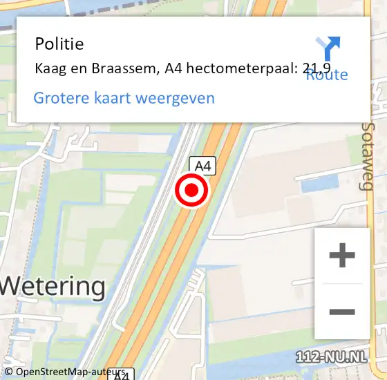 Locatie op kaart van de 112 melding: Politie Kaag en Braassem, A4 hectometerpaal: 21,9 op 8 september 2023 09:56
