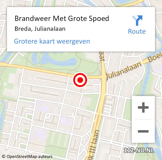 Locatie op kaart van de 112 melding: Brandweer Met Grote Spoed Naar Breda, Julianalaan op 8 september 2023 09:57