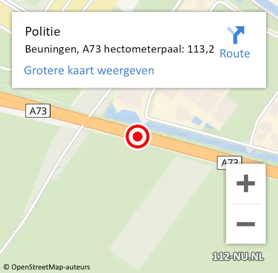 Locatie op kaart van de 112 melding: Politie Beuningen, A73 hectometerpaal: 113,2 op 8 september 2023 12:58