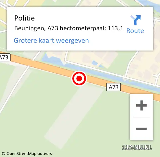 Locatie op kaart van de 112 melding: Politie Beuningen, A73 hectometerpaal: 113,1 op 8 september 2023 13:06