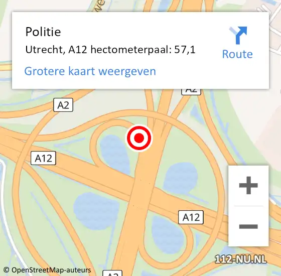 Locatie op kaart van de 112 melding: Politie Utrecht, A12 hectometerpaal: 57,1 op 8 september 2023 13:19