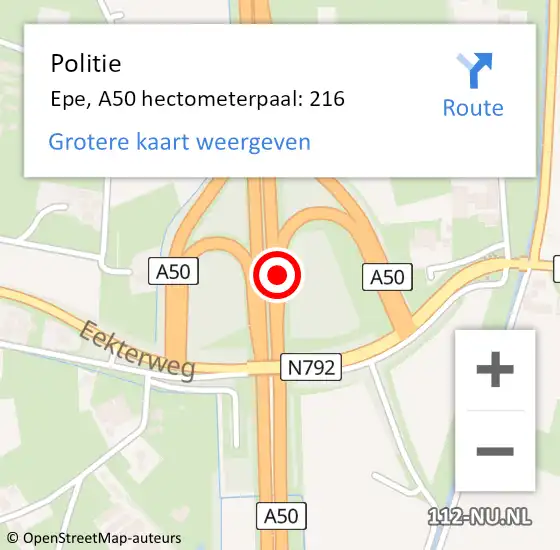 Locatie op kaart van de 112 melding: Politie Epe, A50 hectometerpaal: 216 op 8 september 2023 15:15