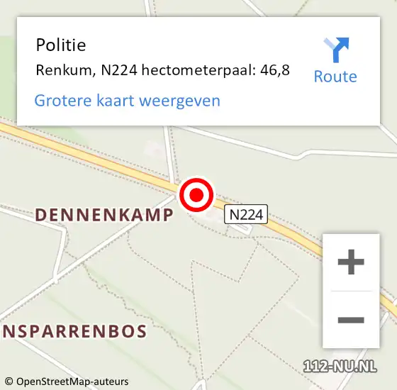 Locatie op kaart van de 112 melding: Politie Renkum, N224 hectometerpaal: 46,8 op 8 september 2023 15:16