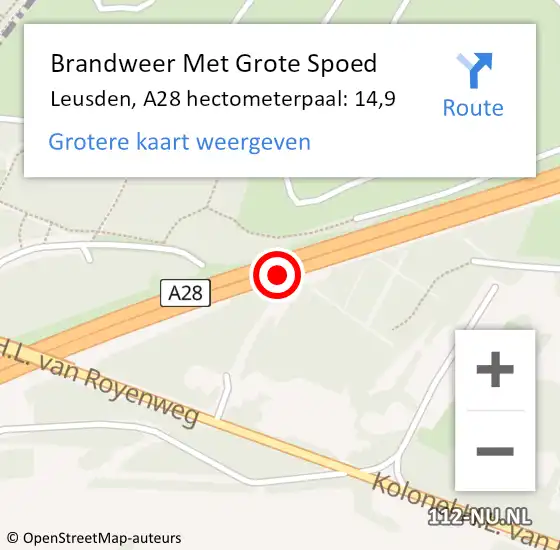 Locatie op kaart van de 112 melding: Brandweer Met Grote Spoed Naar Leusden, A28 hectometerpaal: 14,9 op 8 september 2023 15:23